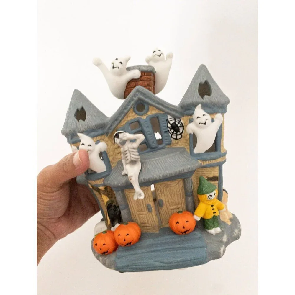 Ceramic Haunted House With Ghosts Halloween Decoration By PartyLite Tealight